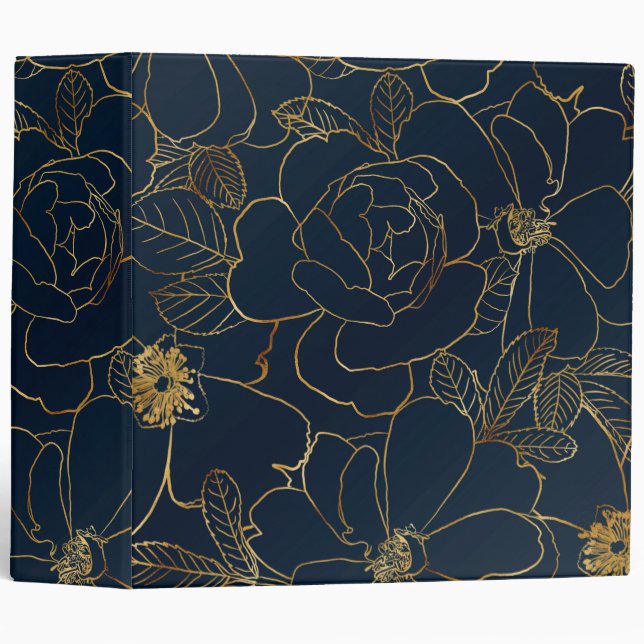 Elegant Blue Gold Roses Floral 3 Ring Binder (Front/Spine)