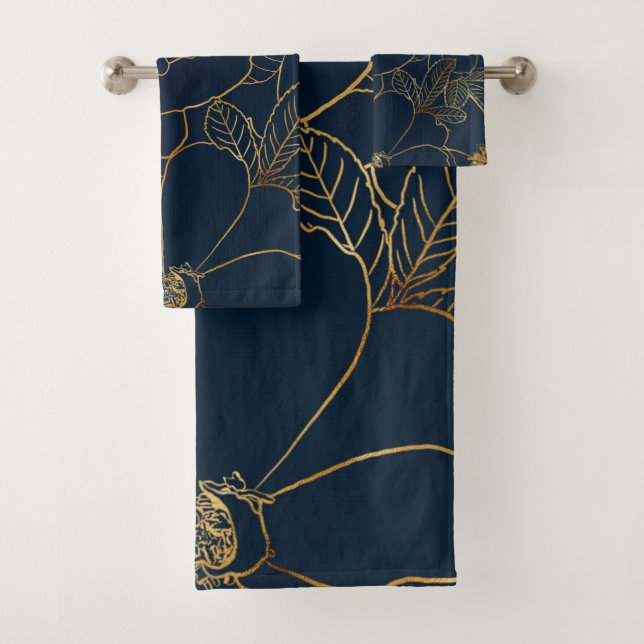 Elegant Blue Gold Roses Floral Bath Towel Set (Insitu)