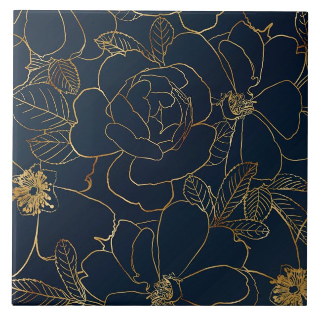 Elegant Blue Gold Roses Floral Ceramic Tile (Front)