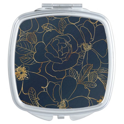 Elegant Blue Gold Roses Floral Compact Mirror