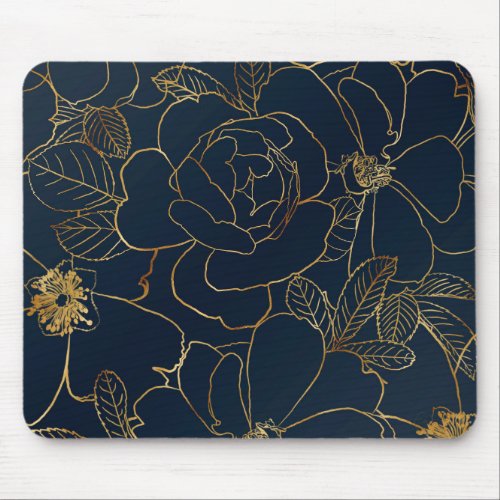 Elegant Blue Gold Roses Floral Mouse Pad