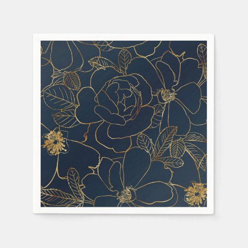 Elegant Blue Gold Roses Floral Napkins