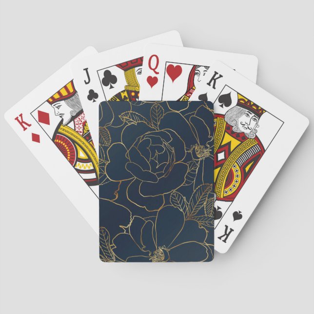 Elegant Blue Gold Roses Floral Poker Cards (Back)