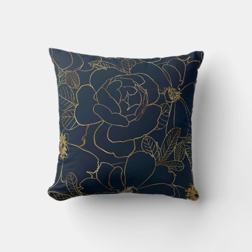Elegant Blue Gold Roses Floral Throw Pillow