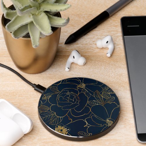 Elegant Blue Gold Roses Floral Wireless Charger