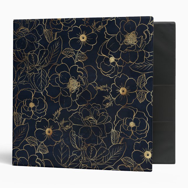 Elegant Blue Gold Roses Flowers  3 Ring Binder (Front/Inside)