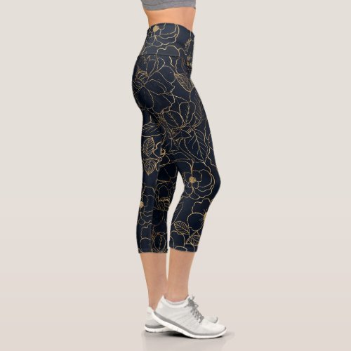 Elegant Blue Gold Roses Flowers  Capri Leggings