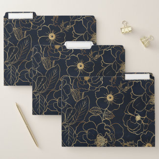 Elegant Blue Gold Roses Flowers File Folder