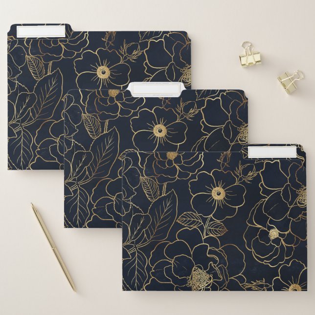 Elegant Blue Gold Roses Flowers  File Folder (Set)