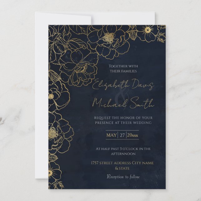 Elegant Blue Gold Roses Flowers  Invitation (Front)