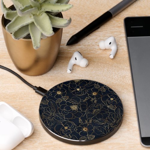 Elegant Blue Gold Roses Flowers  Wireless Charger