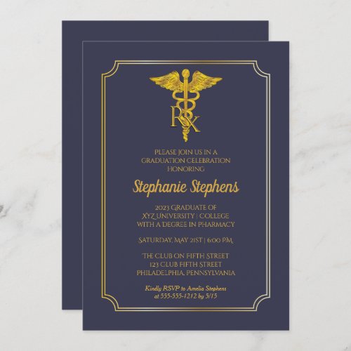 Elegant Blue  Gold Rx Pharmacy Graduation Party Invitation