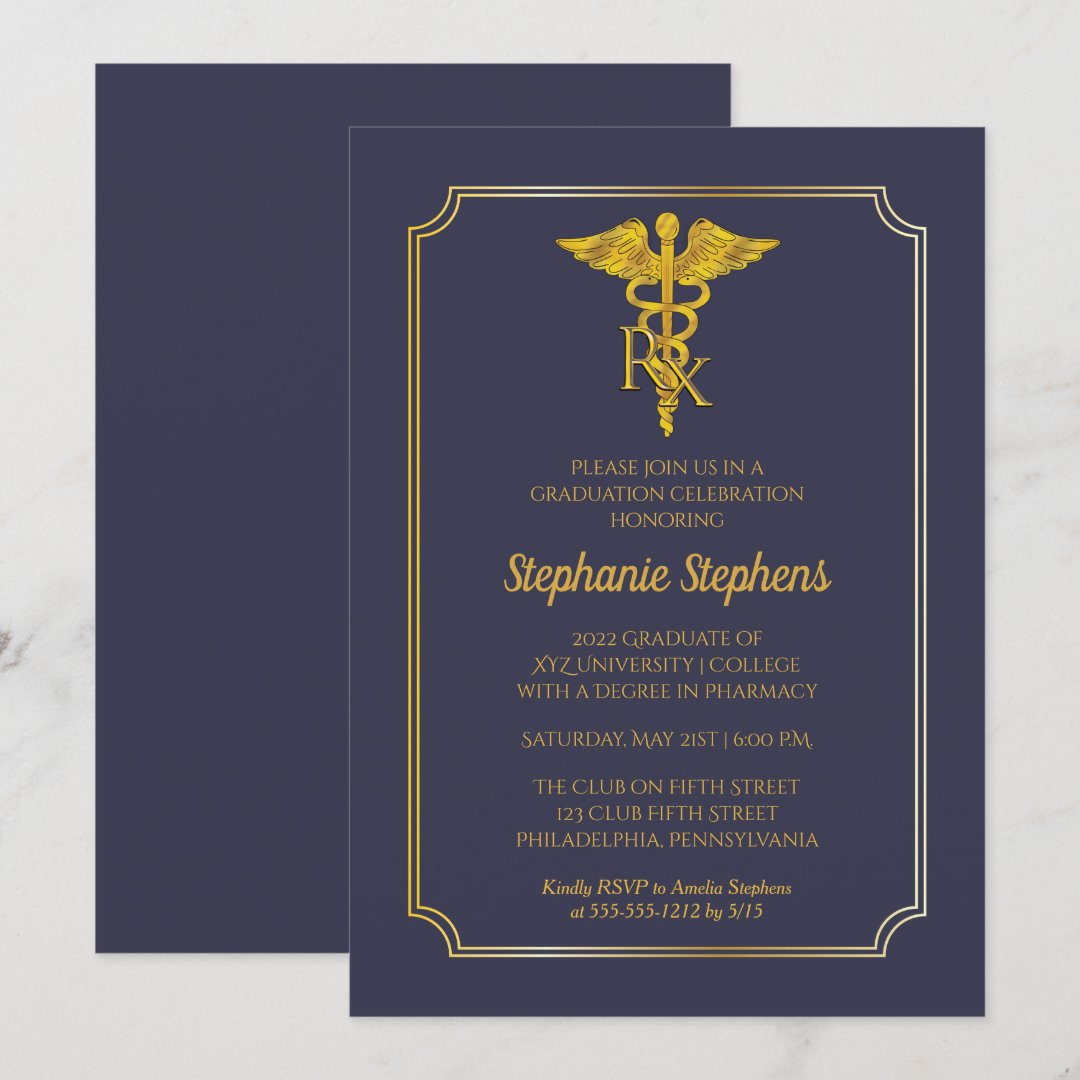 Elegant Blue Gold Rx Pharmacy Graduation Party Invitation Zazzle