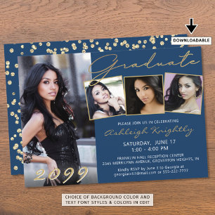 Elegant Blue Gold Script 4 Photo Graduate Invitation