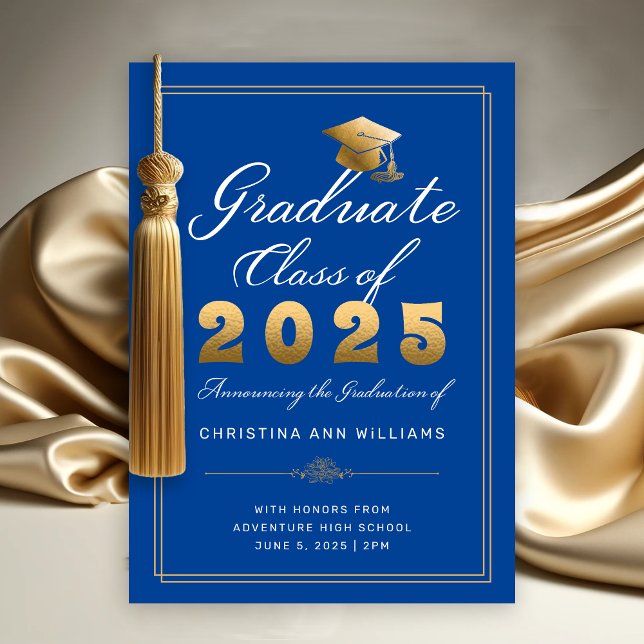 Elegant Blue Gold Script Class of 2025 Graduation Announcement (Elegant Gold White Script on Royal Blue with thin gold frame Graduation Announcement)