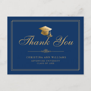 Elegant Blue Gold Script Graduation Thank You Postcard
