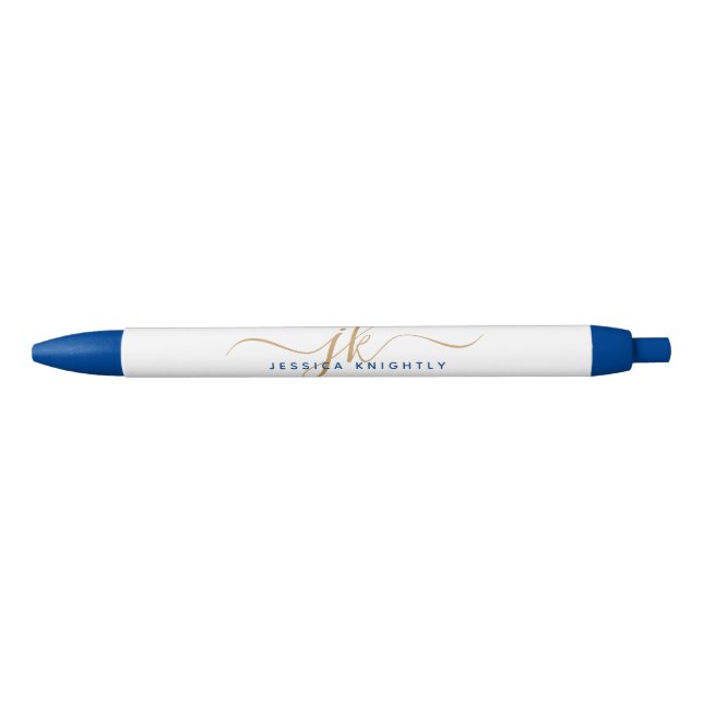 Elegant Blue Gold Script Monogram Initials Name Pen (Front)