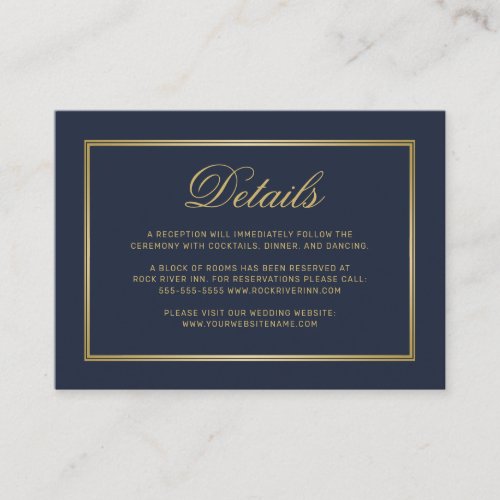 Elegant Blue Gold Script Monogram Wedding Details Enclosure Card