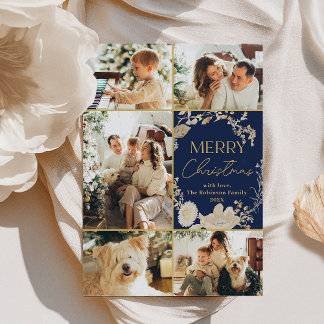 Elegant Blue Gold Script Multi Photo Christmas Holiday Card