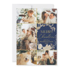 Elegant Blue Gold Script Multi Photo Christmas