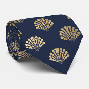 Elegant Blue Gold Seashell Ocean Pattern Men's Neck Tie