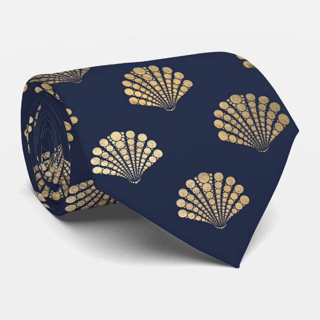 Elegant Blue Gold Seashell Ocean Pattern Men's Neck Tie (Rolled)