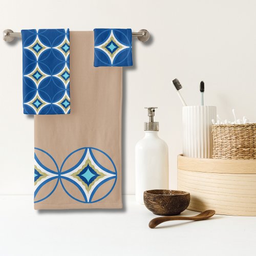 Elegant Blue  Gold shippo pattern on beige Bath Towel Set