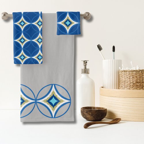 Elegant Blue  Gold shippo pattern on gray  Bath Towel Set