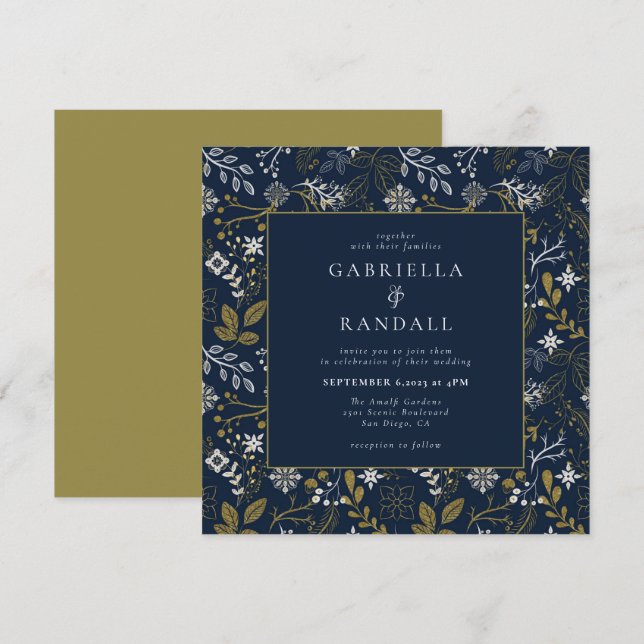 Elegant Blue Gold Silver Botanical Print Wedding  Invitation (Front/Back)