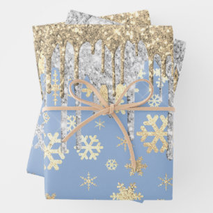Elegant Blue Gold Silver Christmas Snowflakes Wrapping Paper Sheets