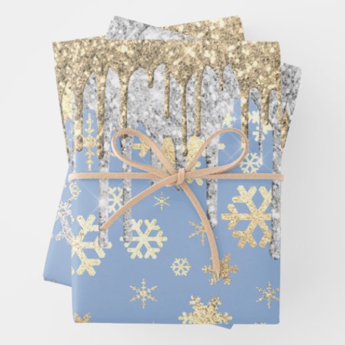 Elegant Blue Gold Silver Christmas Snowflakes   Wrapping Paper Sheets