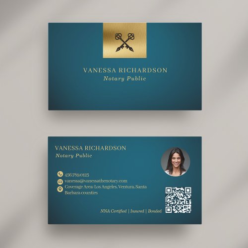 Elegant Blue  Gold Skeleton Key Notary Public QR Business Card