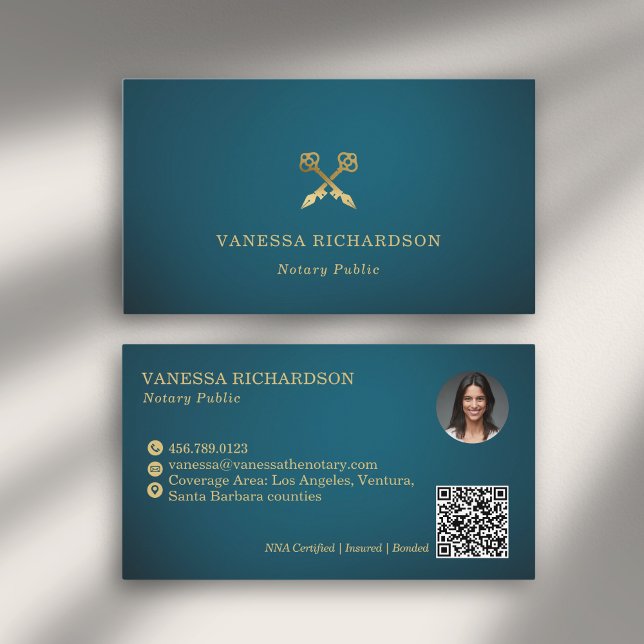 Elegant Blue & Gold Skeleton Key Notary Public QR Business Card (Creator Uploaded)
