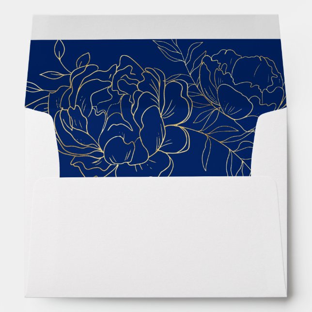 Elegant Blue Gold Sketched Floral Return Address Envelope (Back (Bottom))
