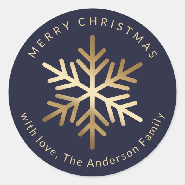 Elegant Blue Gold Snowflake Christmas Classic Round Sticker (Front)