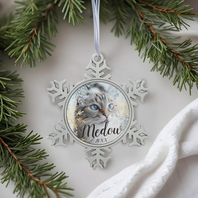 Elegant Blue & Gold Snowflake Customize Pet Photo Snowflake Pewter Christmas Ornament (Elegant Blue & Gold Snowflake Customize Pet Photo Snowflake Pewter Christmas Ornament)