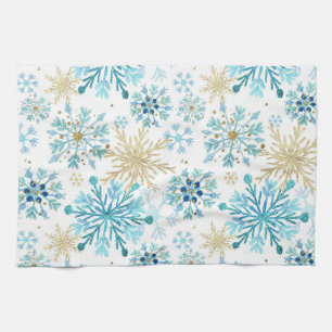 Elegant Blue & Gold Snowflake Pattern Kitchen Towel