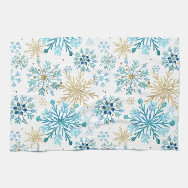 Elegant Blue & Gold Snowflake Pattern Kitchen Towel (Horizontal)