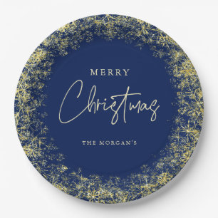 Elegant Blue Gold Snowflakes Christmas  Paper Plates