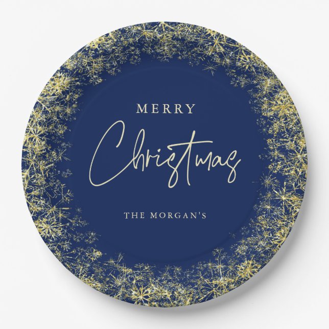 Elegant Blue Gold Snowflakes Christmas  Paper Plates (Front)