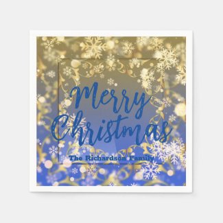Elegant Blue Gold Snowflakes Merry Christmas