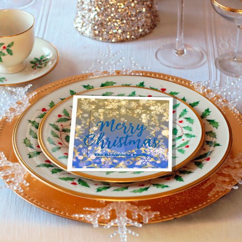 Elegant Blue Gold Snowflakes Merry Christmas Napkins