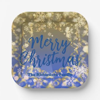 Elegant Blue Gold Snowflakes Merry Christmas