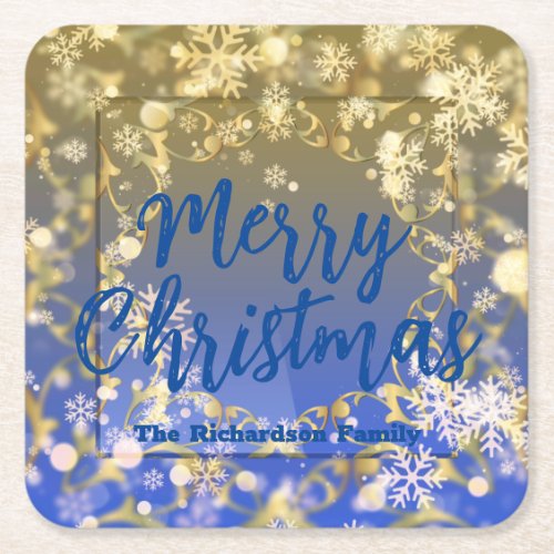 Elegant Blue Gold Snowflakes Merry Christmas Square Paper Coaster