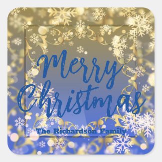 Elegant Blue Gold Snowflakes Merry Christmas