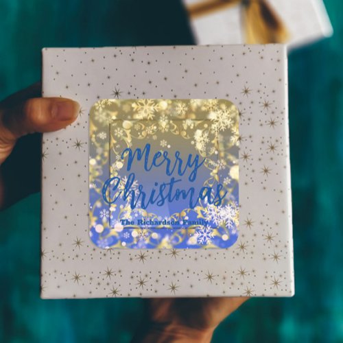 Elegant Blue Gold Snowflakes Merry Christmas Square Sticker