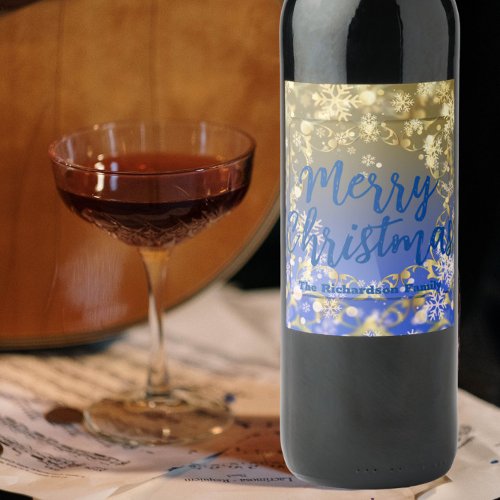 Elegant Blue Gold Snowflakes Merry Christmas Wine Label