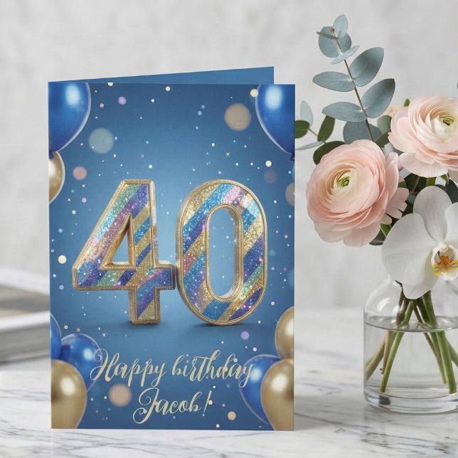 Elegant Blue Gold Sparkly Balloons 40th Birthday Card (Creator Uploaded)