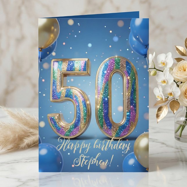 Elegant Blue Gold Sparkly Balloons 50th Birthday Card (Creator Uploaded)