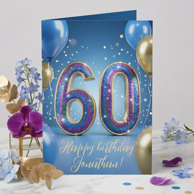 Elegant Blue Gold Sparkly Balloons 60th Birthday Card (Creator Uploaded)